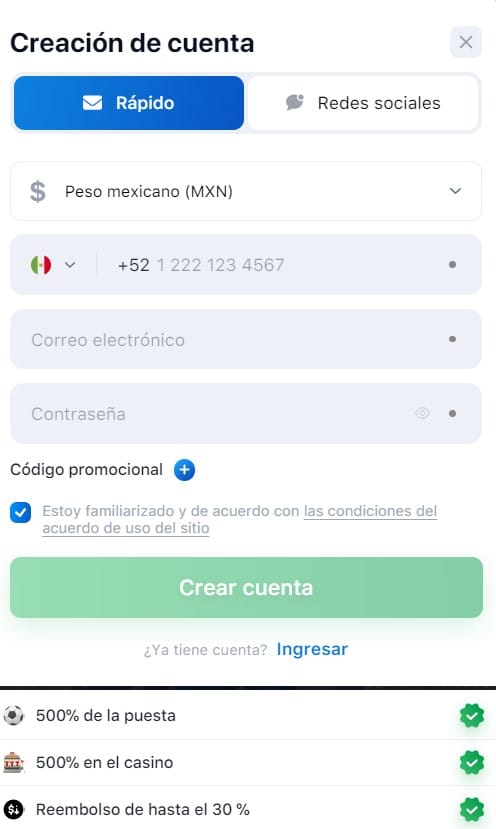 1win formulario de inscripción