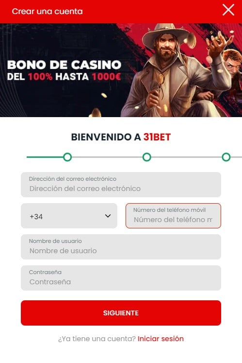 formulario de registro en 31bet casino en línea