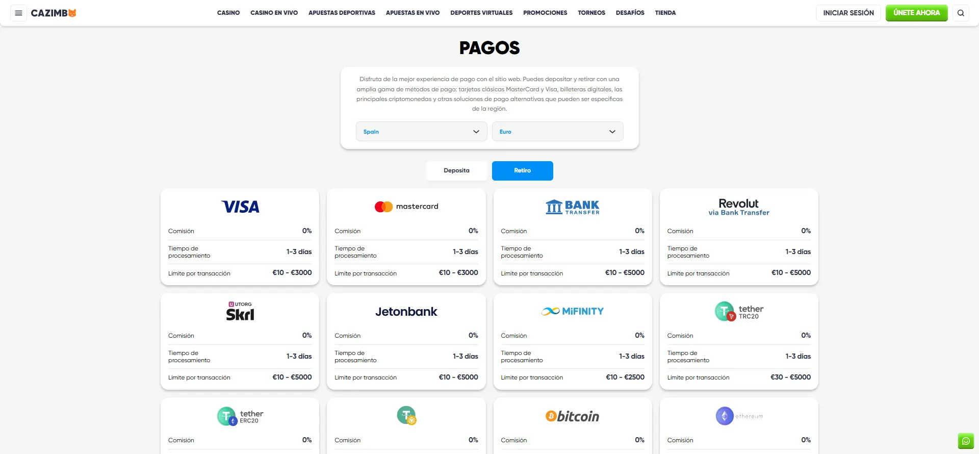 Pagos-Casino-Cazimbó Retiros rápidos con Cazimbo